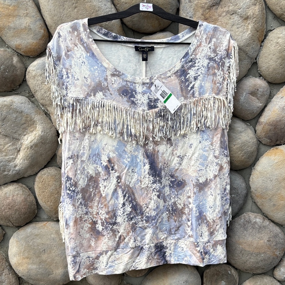 NWT Jessica Simpson Blue/Gray/White Fringe Sleeveless Top